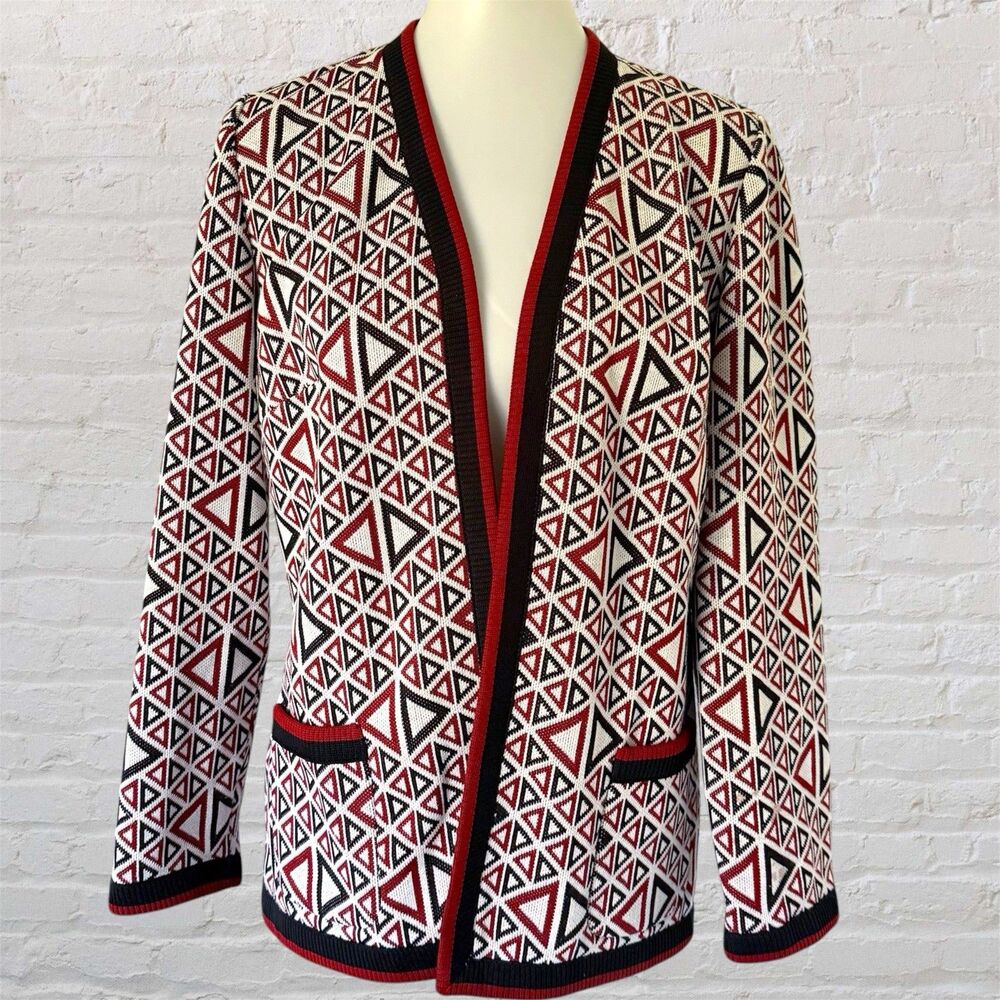Women's Vtg Dacron Polyester Geometric Cardigan Sweater 14 Large Preppy Mod